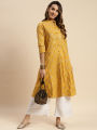 Rangita Women Cotton Gold Printed Calf Length Kalidar Kurti. 