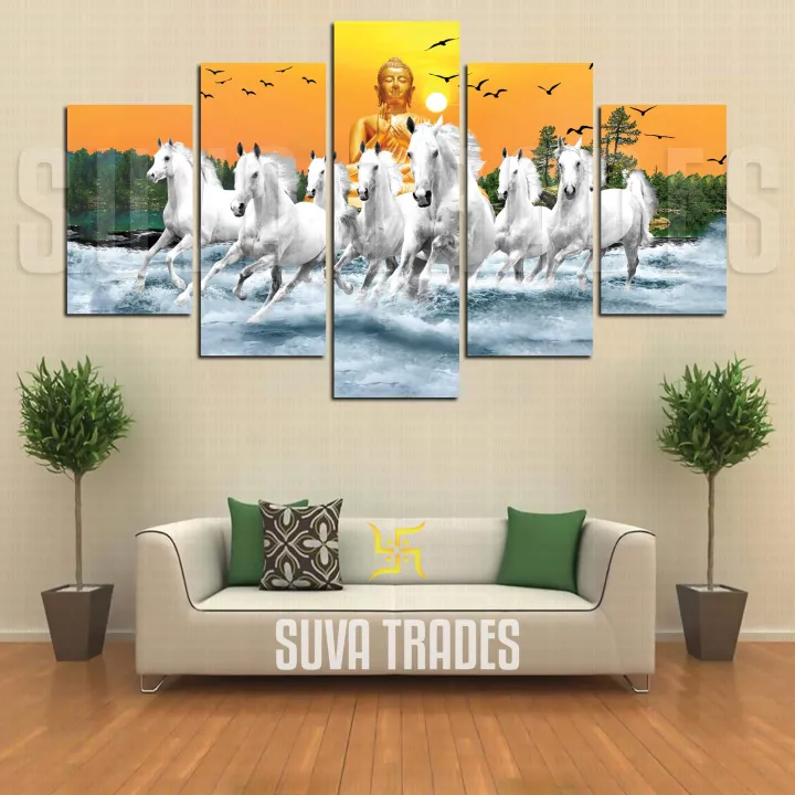 7%20Horse%20Vastu%205%20Panel%20Wall%20Decor%20Wall%20Hang%20Canvas%20Print%20With%20Wooden%20Frame%20by%20Om%20Suva%20Trades%20-%20Image%202