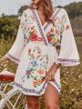 Multicolor V-Neck Floral Printed Summer Dress For Women. 