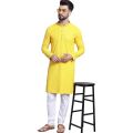 Yellow Cotton Chikankari Embroidered and Sequence Kurta and Pyjama Set For Men. 