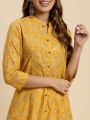 Rangita Women Cotton Gold Printed Calf Length Kalidar Kurti. 