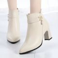 Fashion Ankle Boots Women's Black Pointed Toe High Heels Autumn and Winter Chunky Heels Rhinestone Leather Boots Bota Feminina. 