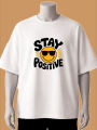 "Stay Positive" Smiley Graphic Printed T-Shirt– Cream, Maroon, White. 