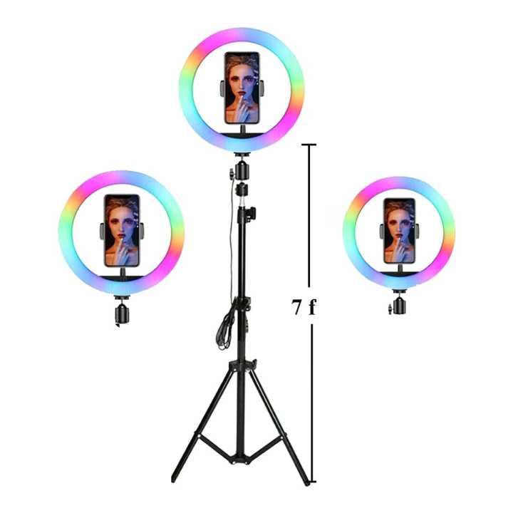 RGB LED 45cm Ring Light With 7 Ft Tripod Stand Dimmable Light Mobile Holder and Multiple Color
