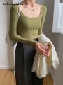 Ashunqiwen Profesional High Elastic Thread Cotton 2024 Autumn New Inner Wear Bottoming Shirt Women's Long Sleeve Tight T T-shirt Spicy Slimming Top. 