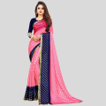 Embellished, Geometric Print Bandhani Silk Blend Saree (Dark Blue, Red, Pink) PRIME DOKO. 