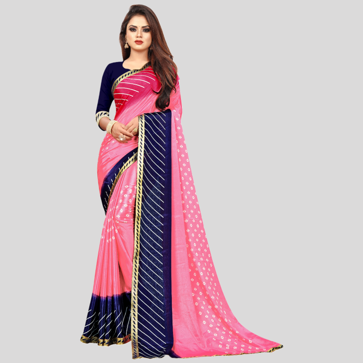 Embellished, Geometric Print Bandhani Silk Blend Saree (Dark Blue, Red, Pink) PRIME DOKO