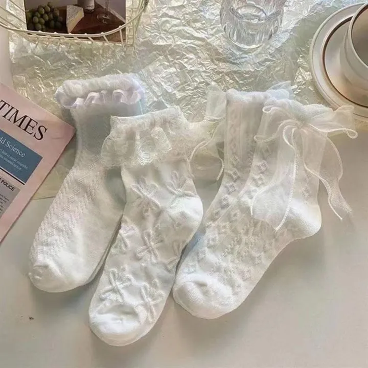 Socks%20For%20Women%20Summer%20Cotton%20Blend%201%20Pair%20Ruffle%20Bowknot%20Cute%20Casual%20Style%20Black%20and%20White%20-%20Image%204
