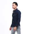 Blue Jeans Full Sleeve Front Pocket Design Plain Shirt For Men. 