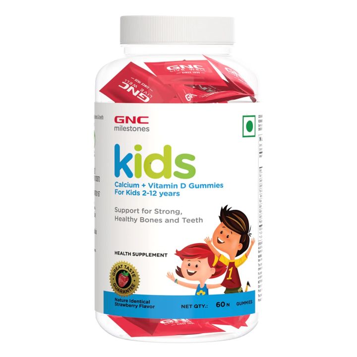 GNC Kids Calcium & Vitamin D- 60 Gummies (Strawberry Flavor) For 2-12 Years Kids With Support Stronger Bones & Teeth