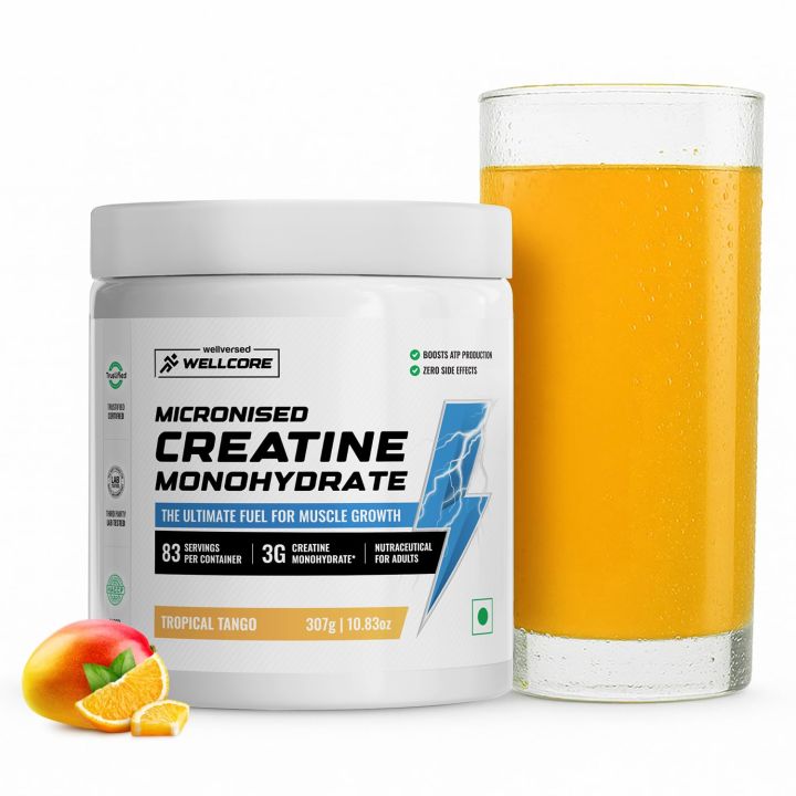 Wellcore Pure Micronised Creatine Monohydrate Powder 307g 83 Servings Orange Flavor For Enhanced Muscle Strength With Rapid Absorption