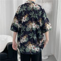 Tookss Men Shirt Cotton Blended Retro Style Floral Printed Short-sleeved Hawaiian Seaside Beach Couple T-shirt color. 