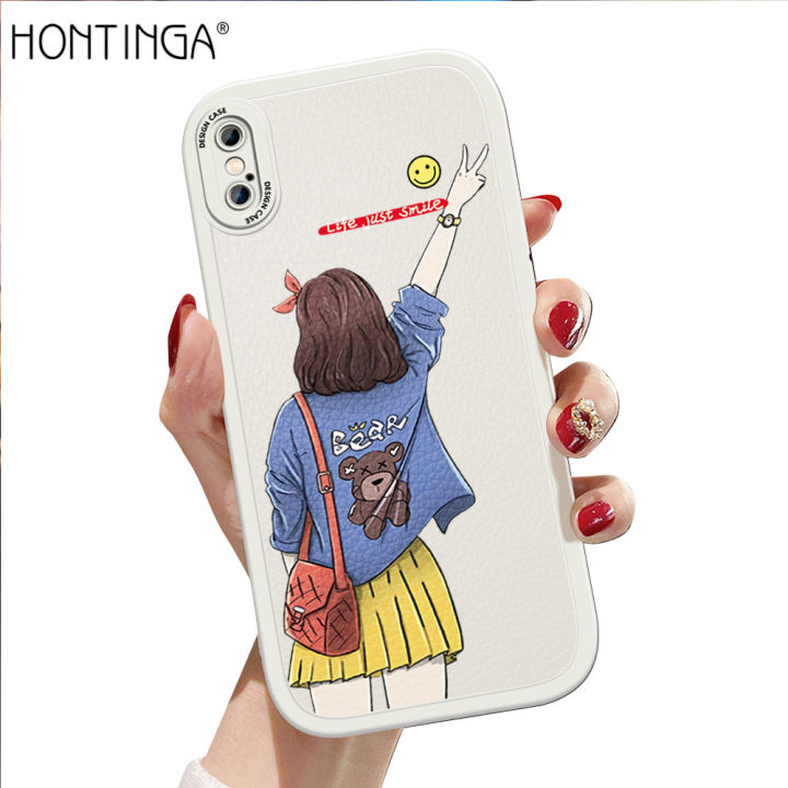 Hontinga for iPhone X XS Back Cover PU Leather Elegant Girl Print Soft Silicone Edge Phone Case