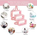 1 Piece Pink Boadered Transparent Cosmetic Bag Waterproof Portable Travel Toiletry Organizer Bag with Zipper and Handle Wash Bag for Women and Girls. 