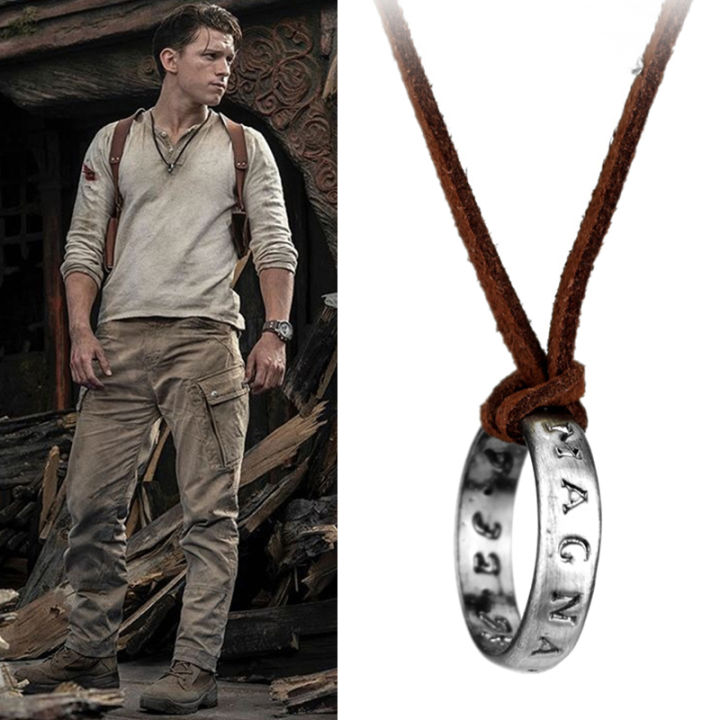 Movie Game Uncharted 4 Necklace Nathan Drake Cosplay Ring Leather Code Ancient Vintage Pendant Jewelry Prop Drake Necklace Pendant Ring Necklace Phantom Super Store