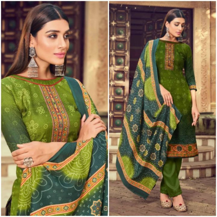 Green Pashmina Fabric Unstitched Kurta Surwal Piece for Women