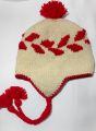 White Woolen Ear Flap Topi/Hat With Red Linning & Design. 