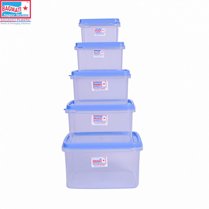 Bagmati Set Of 5 Square Plastic Container | Multipurpose Transparent Plastic Container With Air Tight Lid - 5 Pcs