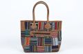 Multicolor Women's Woven Cotton & Leather Patchwork Shoulder Tote Bag – Casual Daily Handbag with Zipper Closure. 
