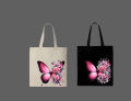Pink Rose Butterfly Printed Tote Bag  – Eco-Friendly Cotton Shoulder Shopping Bag-White, Black. 