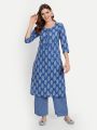 Msya Fashions Jaipur Block Print Cotton Kurta Set for Women with Button details and Hand Block Prints on Kurta and Pant- Indigo Blue Kurta Set. 