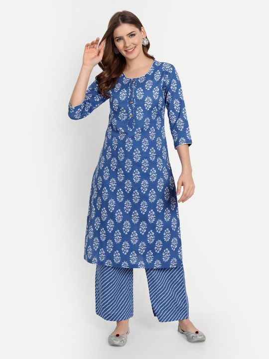 Msya Fashions Jaipur Block Print Cotton Kurta Set for Women with Button details and Hand Block Prints on Kurta and Pant- Indigo Blue Kurta Set