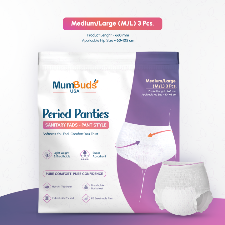 MumBuds Disposable Period Panty M/L 660 mm (60–105 cm) 3 Pcs | Super Absorbent, Breathable, Lightweight, Leak Protection & Individually Packed