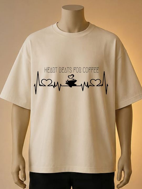 Heart Beats For Coffee" Heartbeat Graphic Printed Tshirt l Printed T shirts | Cream, Maroon, White