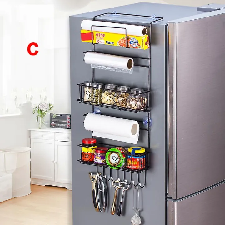 Multi%20Functional%20Refrigerator%20Foldable%20Rack%20Side%20Multi%20Layer%20Shelf%20with%20Hooks%20-White/Black%20-%20Image%203