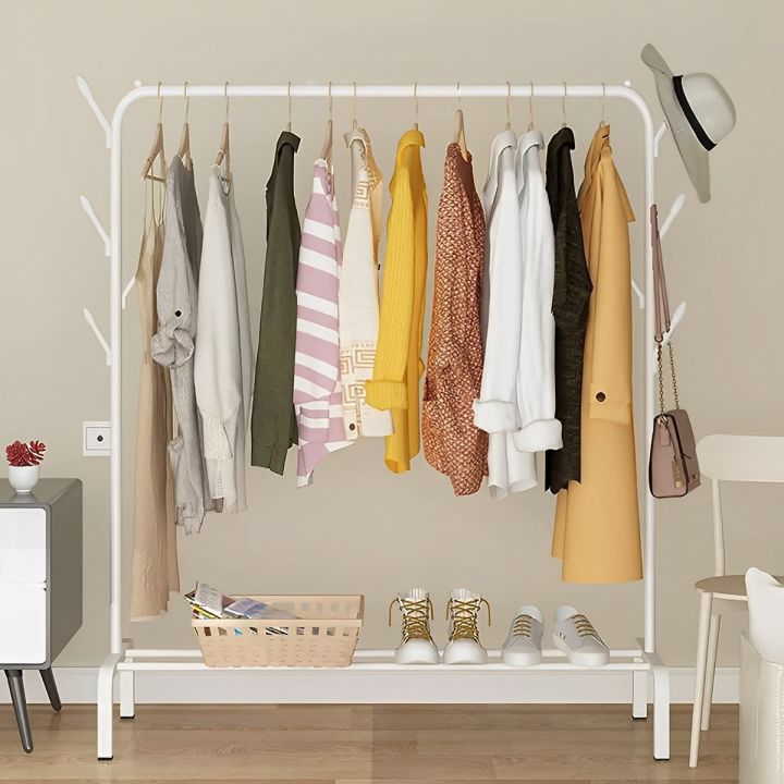 Metal Garment Rack With Lower Storage Shelf With Hooks Heavy Duty