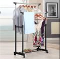 Stainless Steel Double Pole Portable Clothes Rack Foldable Garments Hanging Stand Adjustable Laundry Drying Rack Hanger, Storage Rack with Wheels. 