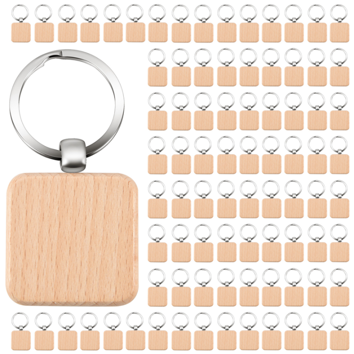 100Pcs DIY Blank Wooden Key Chain Square Carved About 40 x 40 mm ...