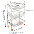 Stainless Steel 3 Layer Fruit & Vegetable Kitchen Trolley Basket Organizer With Wheels. 