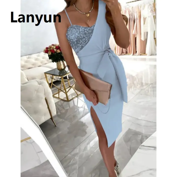Lanyun%20Spring%20Summer%20Solid%20Color%20Sequins%20Dress%20Single-Shoulder%20Suspender%20Original%20One-Piece%20Meeting%20Dress%20Long%20High%20Waist%20Dresses%20-%20Image%203