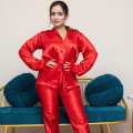 Red Color Two Piece Silk Pajamas Set With Feather For Women. 