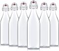 Transparent Swing Top1 Liter ( Pack) ROUND Clear Glass Grolsch Flip Top Bottle With Stopper, for Beverages, Smoothies, Kefir, Beer, Soda, Juicing, Kombucha, Water, Milk, Oil and Vinegar  Glass Water Bottles with Latch Lock and Stopper  Silicone Grip. 