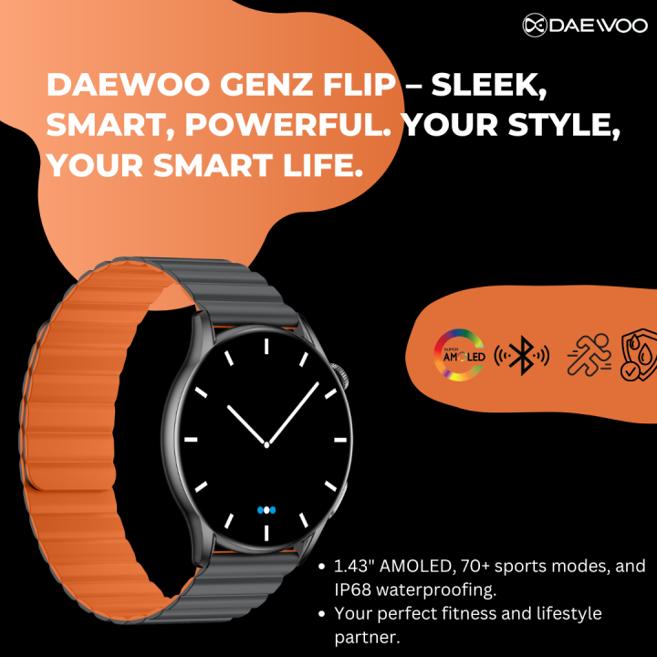 Daewoo Genz Flip Smartwatch | 1.43" AMOLED Display | Bluetooth Calling & Music | Double-Sided Strap (Orange & Grey) | 70+ Sports Modes | Health Tracking | AI Voice Assistant | IP68 Waterproof | Heart Rate & SpO2 Monitor | Fitness & Sleep Tracker