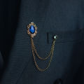 Golden / Silver Blue Crystal Chain Brooch for Men. 
