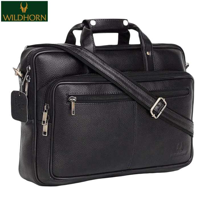 WILDHORN Nepal® Top Grain Leather 16 inch Laptop Messenger Bag for Men with Adjustable Strap (MB 547 BLACK)