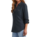 Lapel Casual Female Tops Navy Blue XL. 