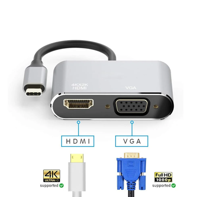 USB TYPE C to HDMI VGA Adapter With 4K HDMI, 1080P VGA For MacBook / MacBook Pro / Air, Chromebook Pixel , Lenovo Yoga, Dell XPS 13 And More