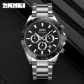 SKMEI 9259: Multifunction Stainless Steel Chronograph Watch with with Luminous Hands & Date Waterproof for Men (silver-black). 