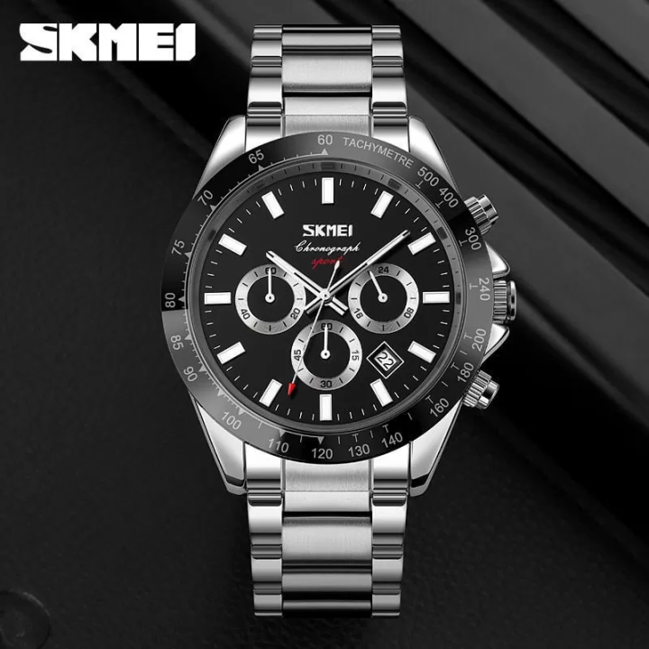 SKMEI%209259:%20Multifunction%20Stainless%20Steel%20Chronograph%20Watch%20with%20with%20Luminous%20Hands%20&%20Date%20Waterproof%20for%20Men%20(silver-black)%20-%20Image%203