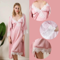 Silk Embroidery Full Sleevees Night Dress With Robe For Women - Ns21962000455. 