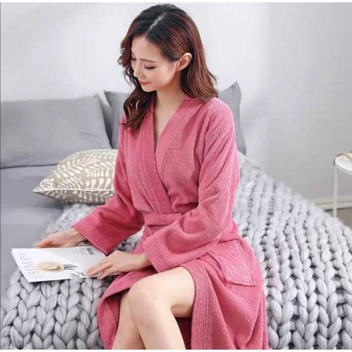 Women's Cotton Bathrobe Full Sleeve Sleep Lounge Robes Cotton Nightwear Spa Clothing Knee-Length