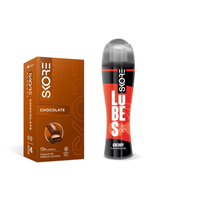 Skore Chocolate With 1500+Raised Dots 10S with Skore Cherry Flavored Lubes 50 Ml.