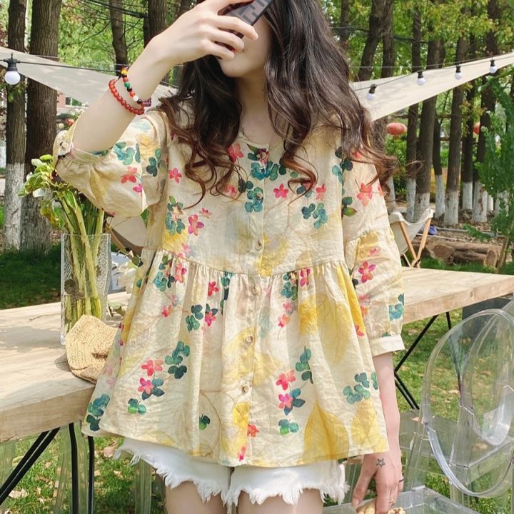 HOT Babydoll Shirt Women's Top Korean Style Loose Sweet Floral Mid-Sleeve Blouse