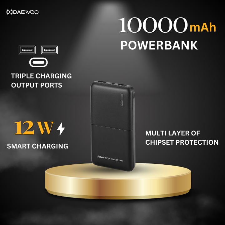 Daewoo Robust 1000 | 10000mAh Power Bank | 12W Smart Charging | Type C Output Input | 1 Year Warranty | Lithium Polymer | Compact Pocket Size
