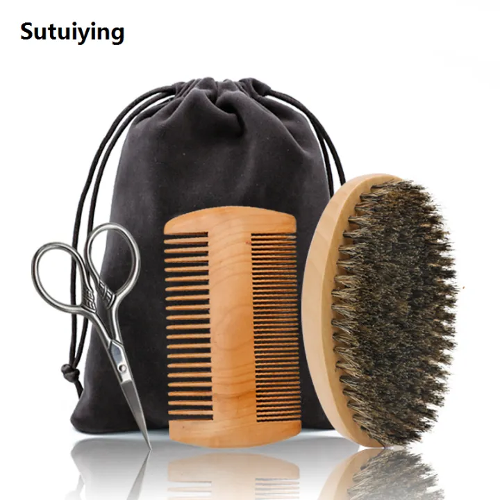 Sutuiying%204pcs/Set%20Men's%20Beard%20Grooming%20Kit%20Gift%20%E2%80%93%20Wooden%20Beard%20Comb,%20High%20Quality%20Boar%20Bristle%20Brush,%20Stainless%20Steel%20Scissors%20Storage%20Bag%20-%20Image%207