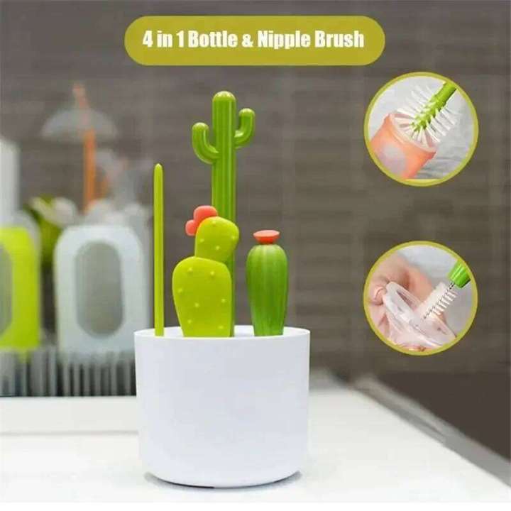 4 Piece Cleaning Cactus Baby Brush Set, Long Handle Water Bottle Cleaner, Home Use Cups and Straws